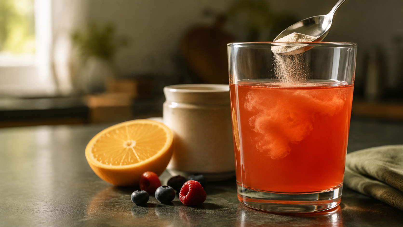 A spoon adding pale powder to a reddish-orange drink beside citrus and berries in a morning kitchen.